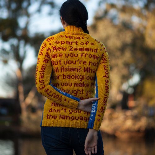Makeda Duong, Mixed Race Sweater, Hand Knitted Merino Wool, Dimensions Variable 2020, Photo Credit Morgan Sette