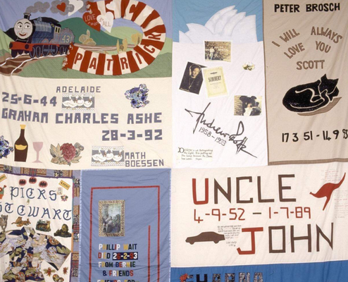 Various Makers (Australia) Section of Quilt Block Number 70  early 1990’s Mixed media On loan from SAMESH/Thorne Harbour Health