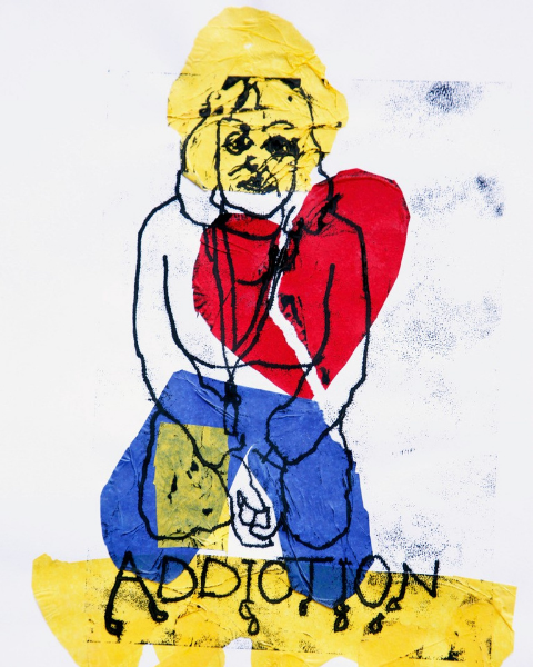 Addiction, Artist: Anonymous. From a series of mono prints that feature in the exhibition called ‘Experiences of Homelessness', mono print, 2024