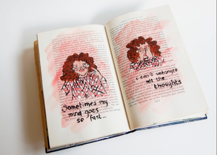 Sometimes My Mind Goes So Fast  Artist: Tabitha. From a series featured in the exhibition called ‘Reframing Stories: Old books, New ideas’