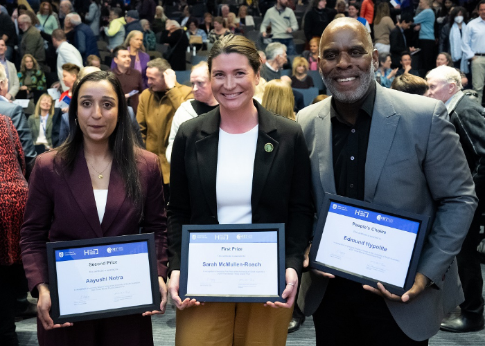 2024 UniSA Three Minute Thesis (3MT) competition winners: Left: Aayushi Notra (2nd place), Middle: Sarah McMullen-Roach (1st place) and Right: Edmund Hypolite (People's Choice)