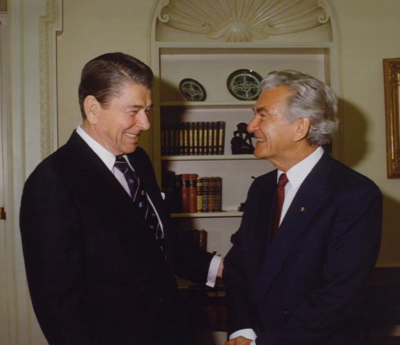 Image: Prime Minister Bob Hawke with President Reagan at the White House in July 1988 [RH23/F51/27]